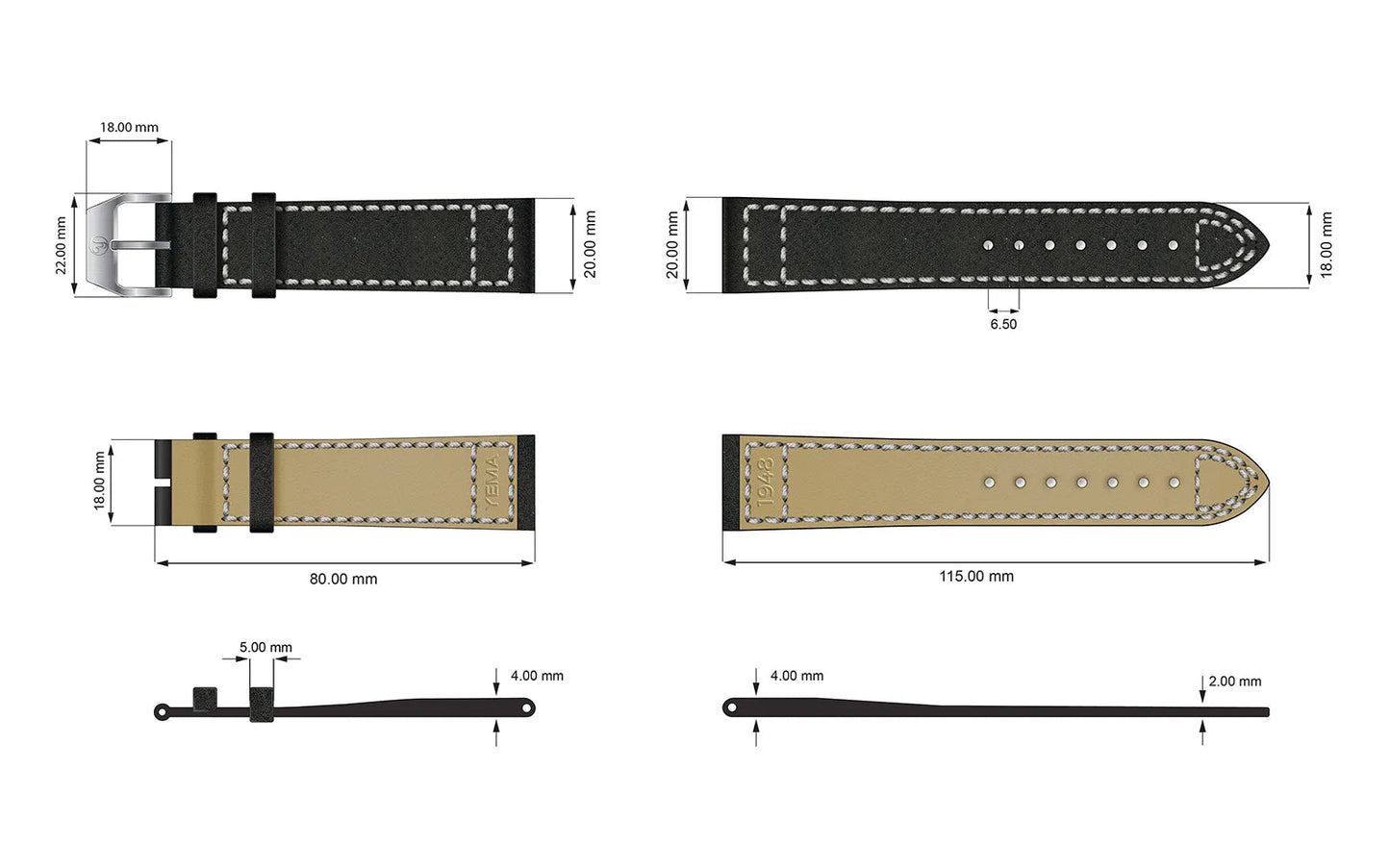 YEMA Black Leather Strap 20mm | SYA65-20-SS