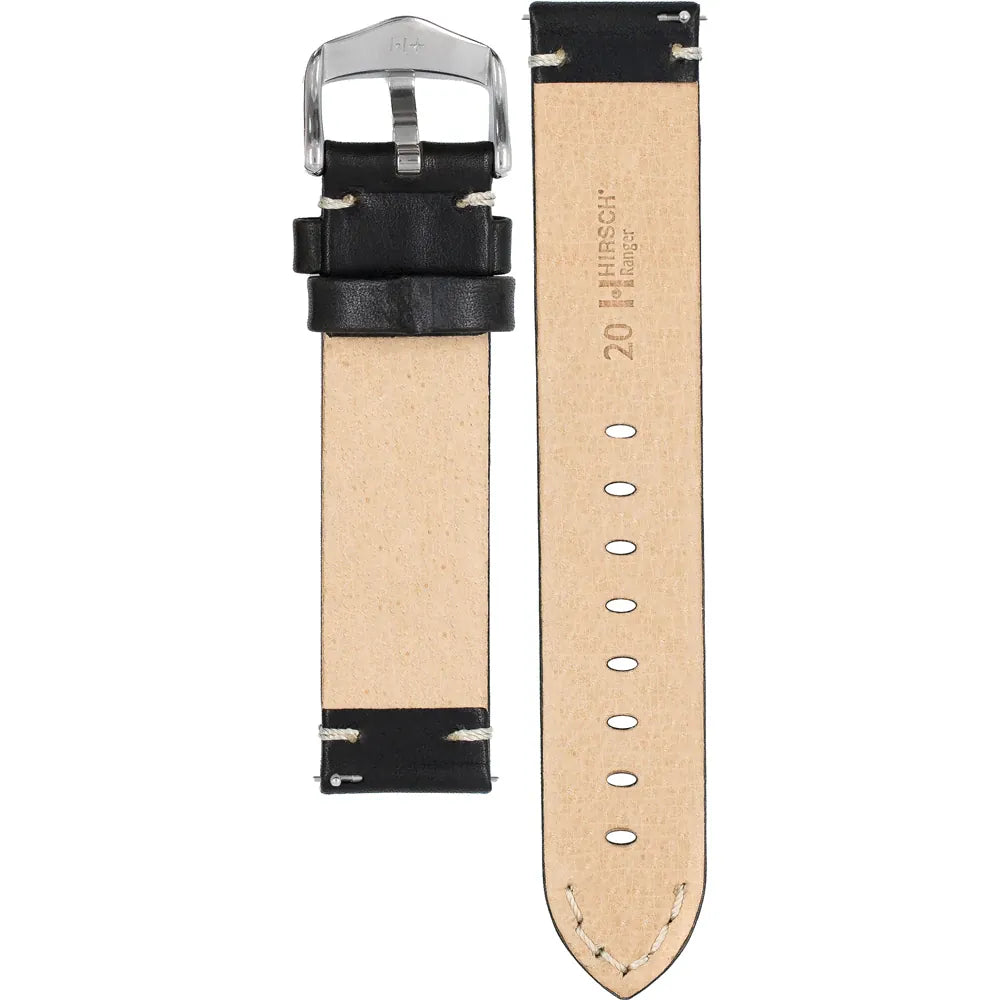 HIRSCH Ranger Retro Leather Parallel Strap Black 20mm Silver Buckle  | 05402050-2-SB
