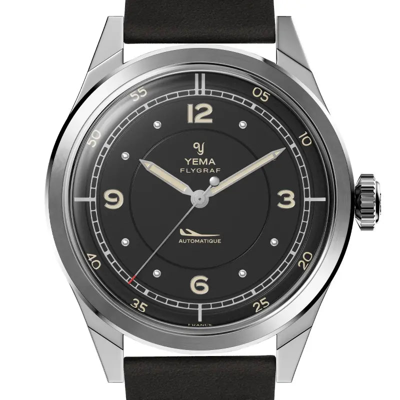 YEMA Flygraf Pilot Sector Dial Black Leather Strap 38.5mm | YFLY25-AA66S